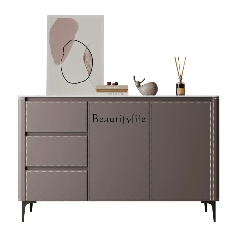 

Italian saddle leather rock slab against the wall, minimalist storage cabinet, ultra-thin shoe cabinet