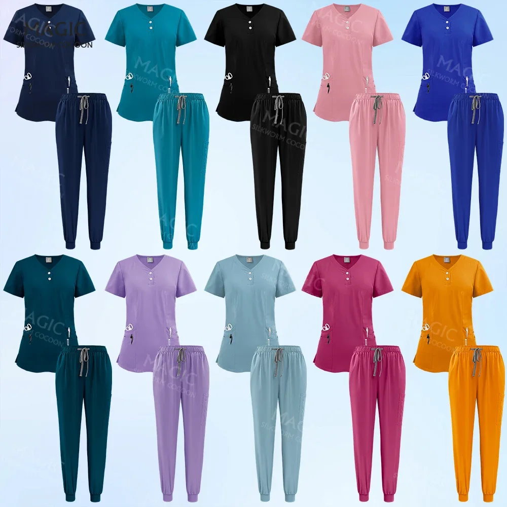 Short Sleeve Jogger Suits Doctor Nursing Uniforms V-neck Tops Pocket Pants Nurse Scrubs Set Multicolour Medical Clinical Clothes