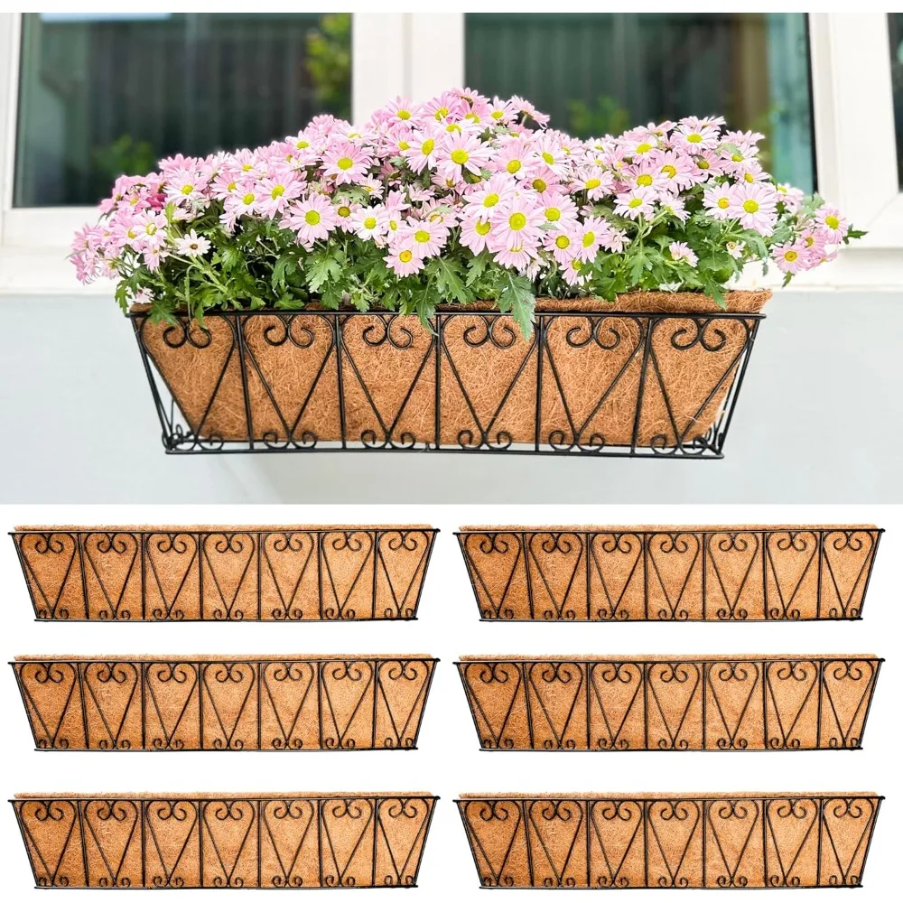 

Wall Planter -6 Pack, 30 Inch Large Black Window Flower Basket Boxes Outdoor Attach House, Rectangular Deck Railing Hanging Pot