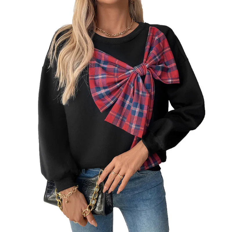 편안한 캐주얼 스웨터 코트, 체크 무늬 활 스티치 라운드 넥 스웨터, 2025 용수철 통근 여성복