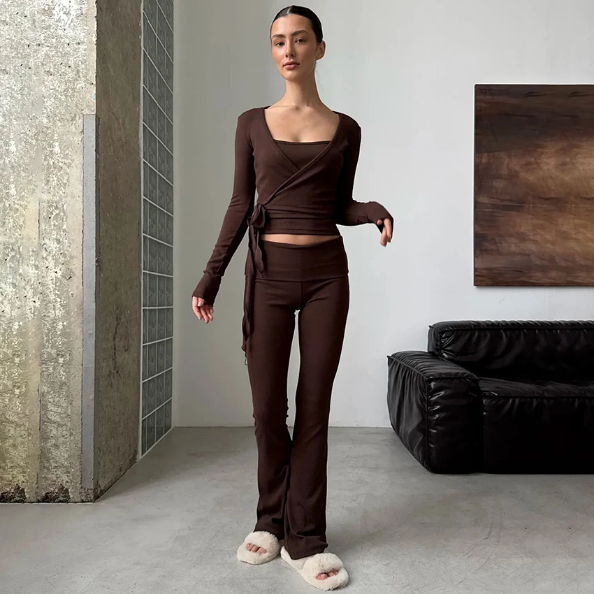 

Hiloc Элегантные розовые вязаные длинные брюки, пижамы для женщин, осень 2023, блузка с запахом и прямыми брюками, повседневные комплекты из 2 предметов