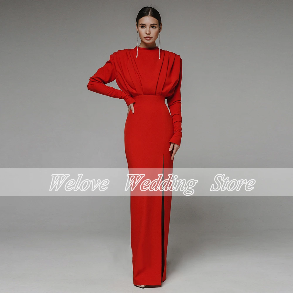 Sheath Unique Prom Dresses Pleat Long Sleeve Side Slit Simple Evening Party Gown For Woman O Neck 2024 Vestidos De Noche Custom