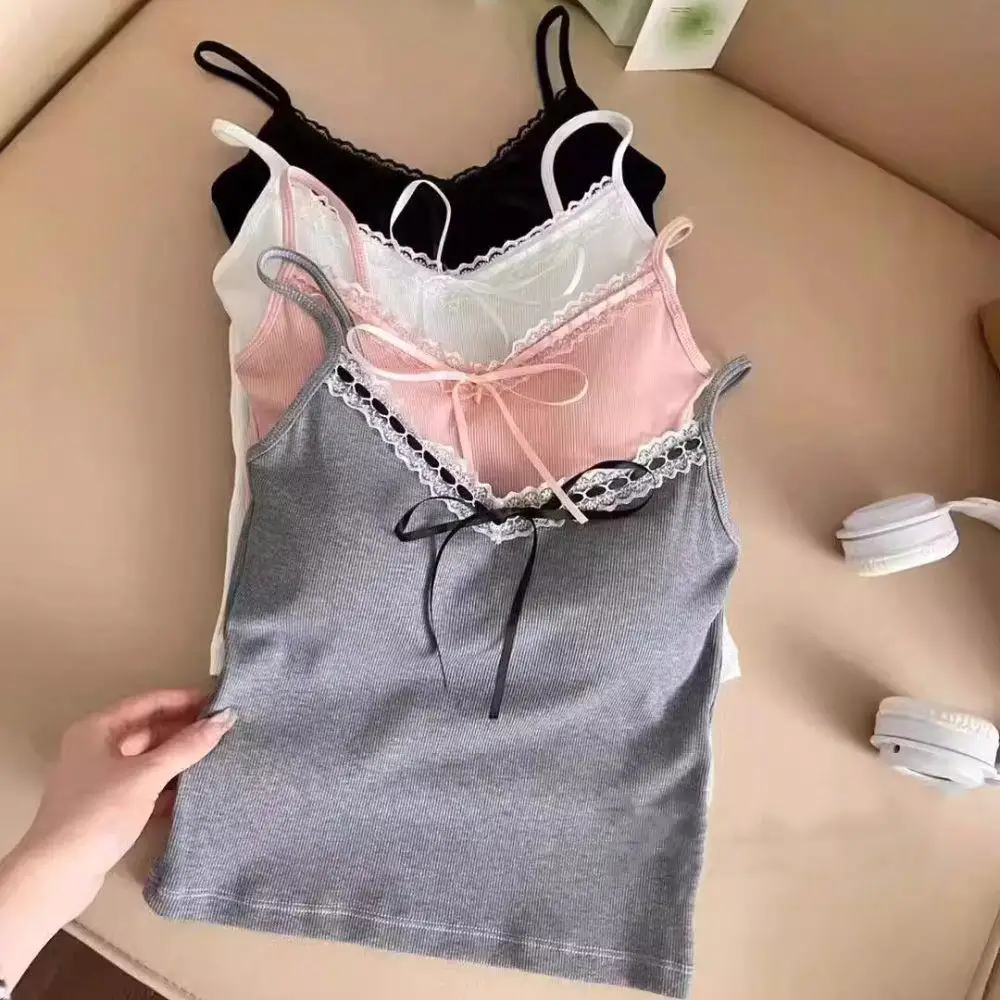 

Y2k Summer Sexy Crop Top White Lace Slim T-shirt Vest Tank Top Women Cotton Sleeveless Camisole Solid Color Inner Wear Outerwear