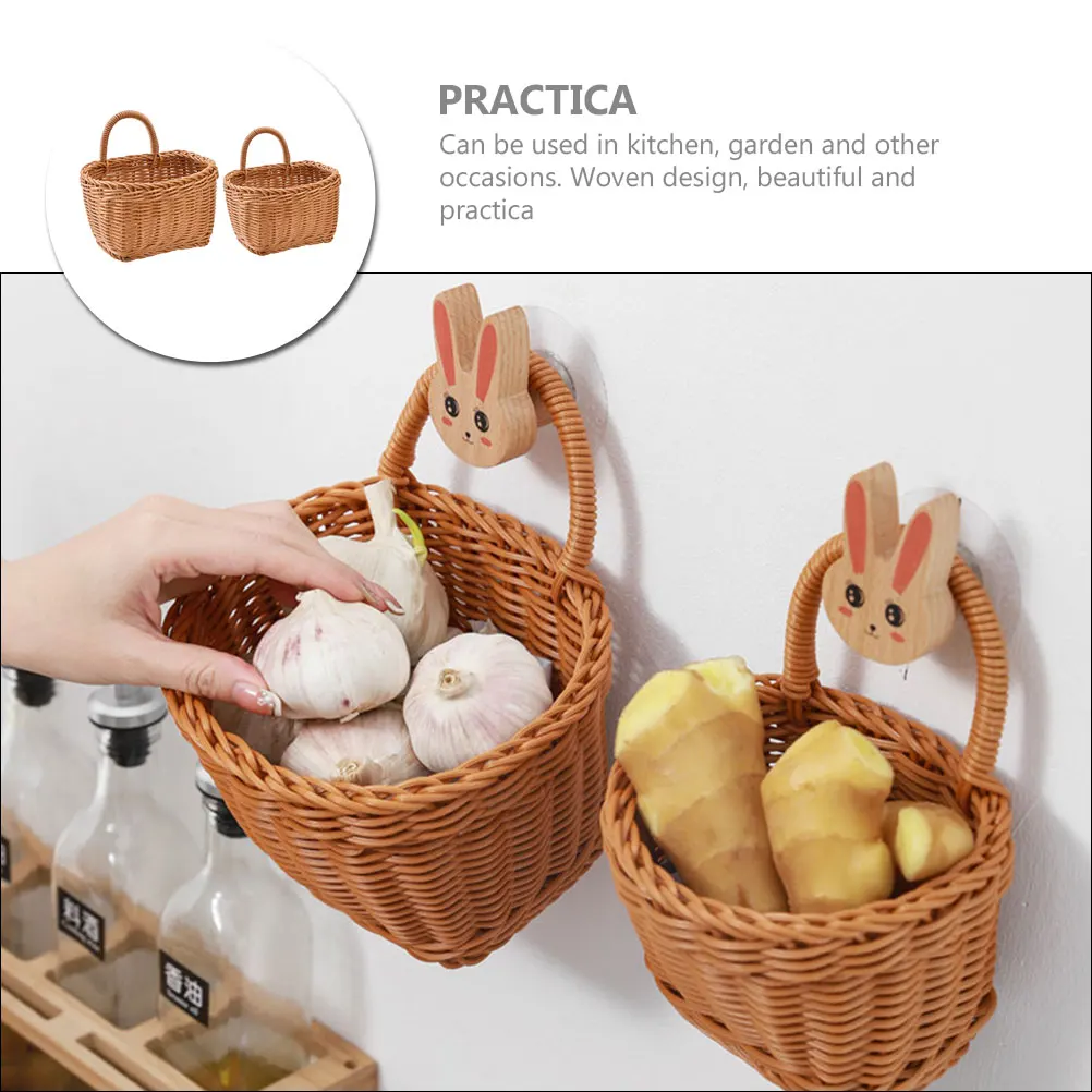 

2pcs Ginger Garlic Storage Basket Large Woven Hanging Basket For Kitchen Wall Vegetable Fruit Organizer Pp Rattan