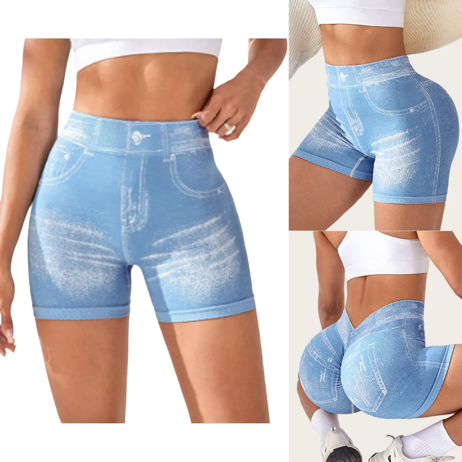 Pantaloncini da yoga elasticizzati senza cuciture stampati in denim da donna Cintura elastica Pantaloncini posteriori con volant alla moda per pantaloncini da ciclismo sportivi da corsa