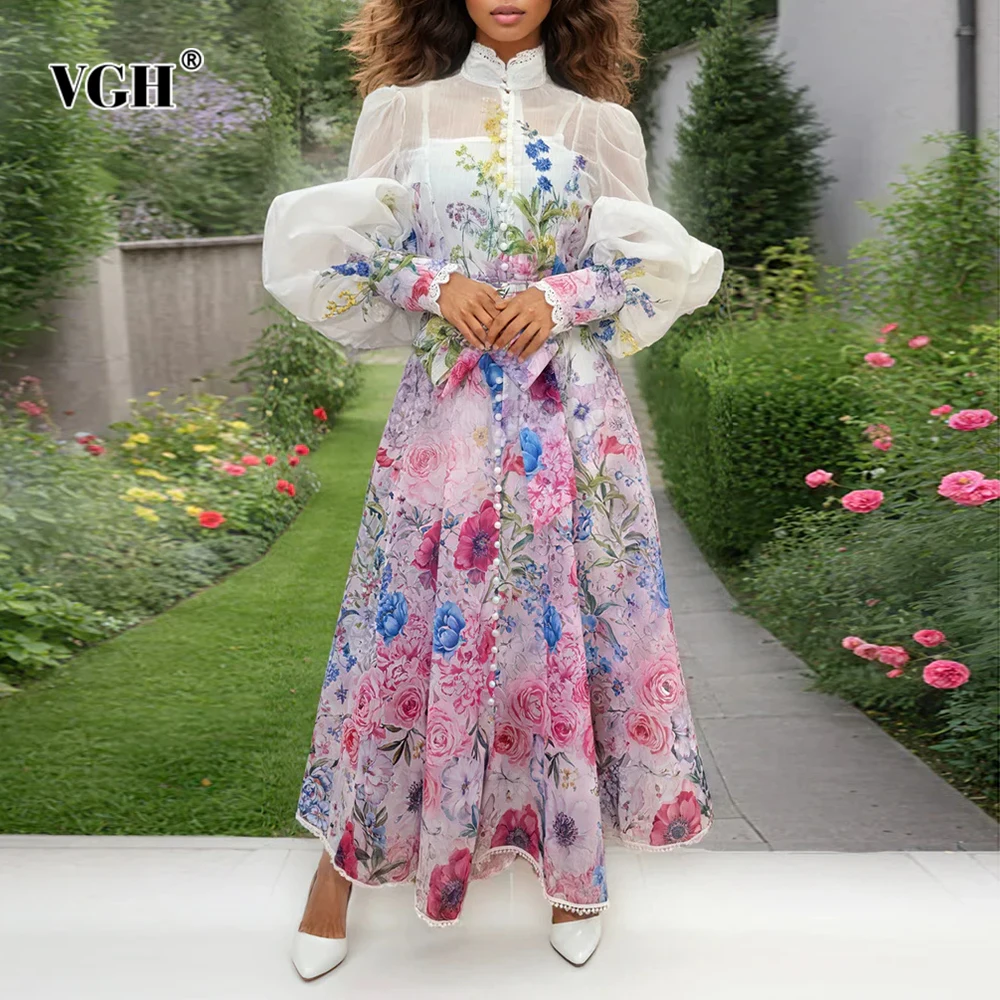 VGH ดอกไม้พิมพ์ Elegant พับชุดผู้หญิงยืนคอโคมไฟแขนเอวสูง Spliced พู่ชุดสายหญิง