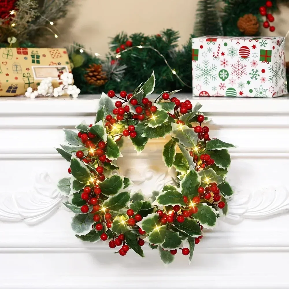 2M Christmas Garland With Light String Artificial Red Berries Holly Leaves DIY Rattan Wreath Ornament Home Xmas New Year Decors