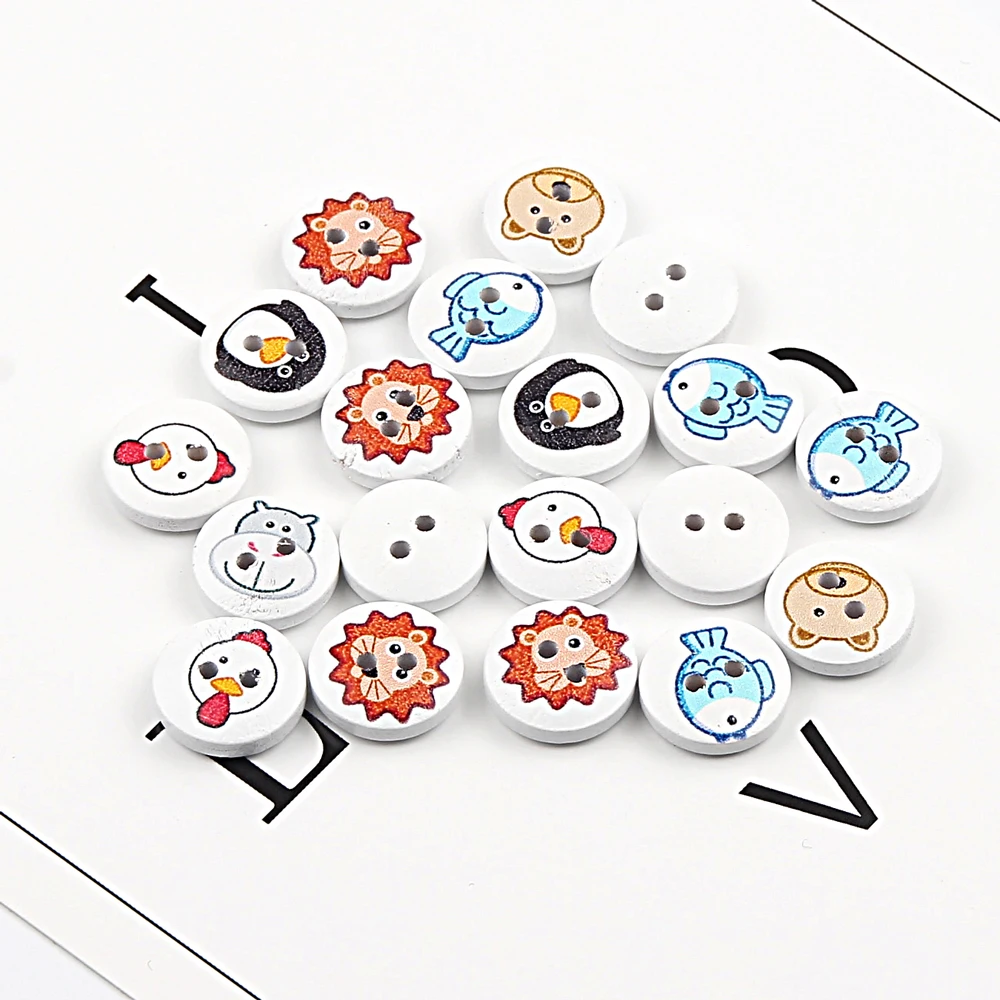 50pcs 15mm Cartoon Animal Buttons Round Wooden Sewing Buttons For Kid Clothing Decoration DIY Needlework Accessories