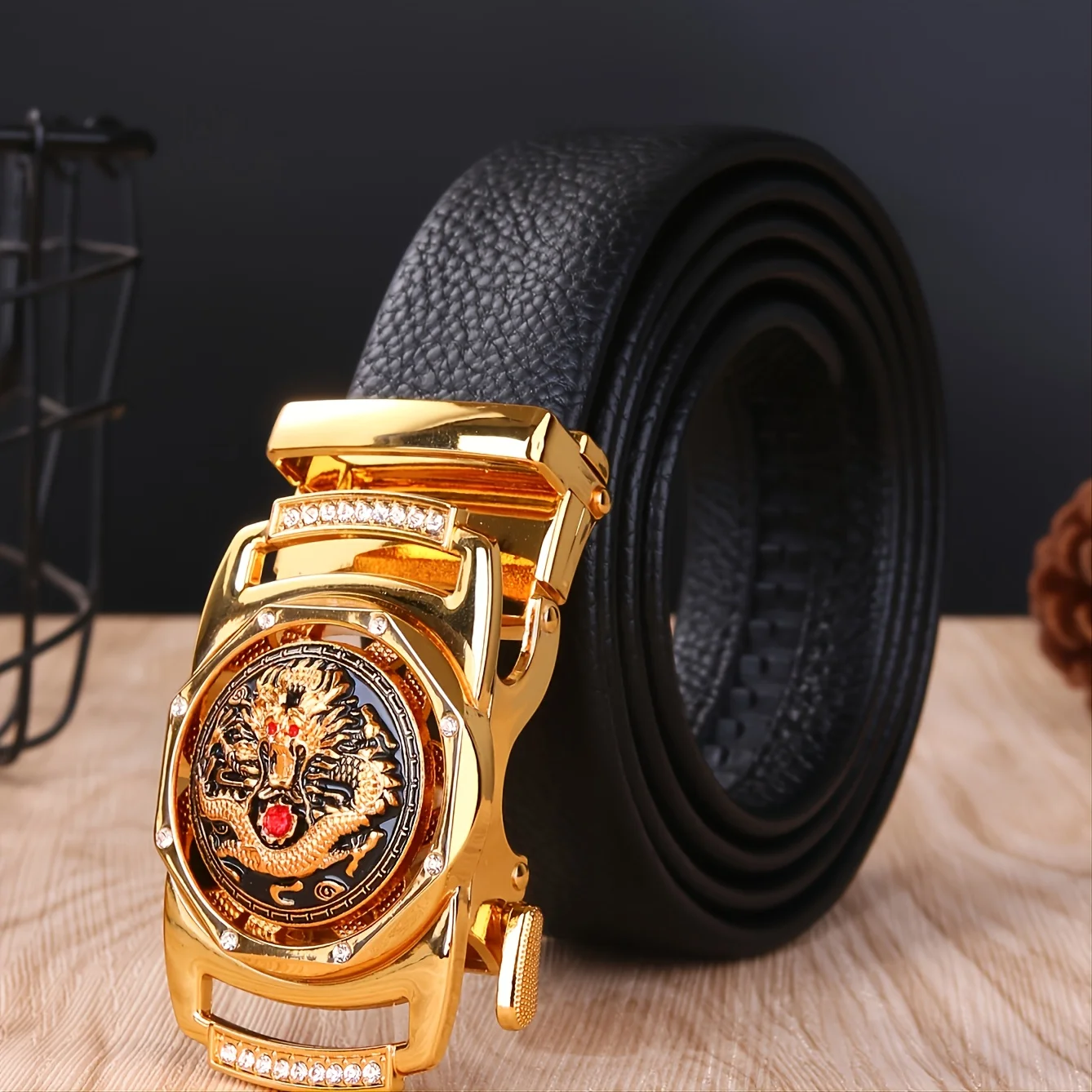 Luxury Men's Rotatable Dragon Belt, Bling Diamond-Embellished Litchi Grain Pu Leather Automatic Buckle Waistband, Stylish Formal