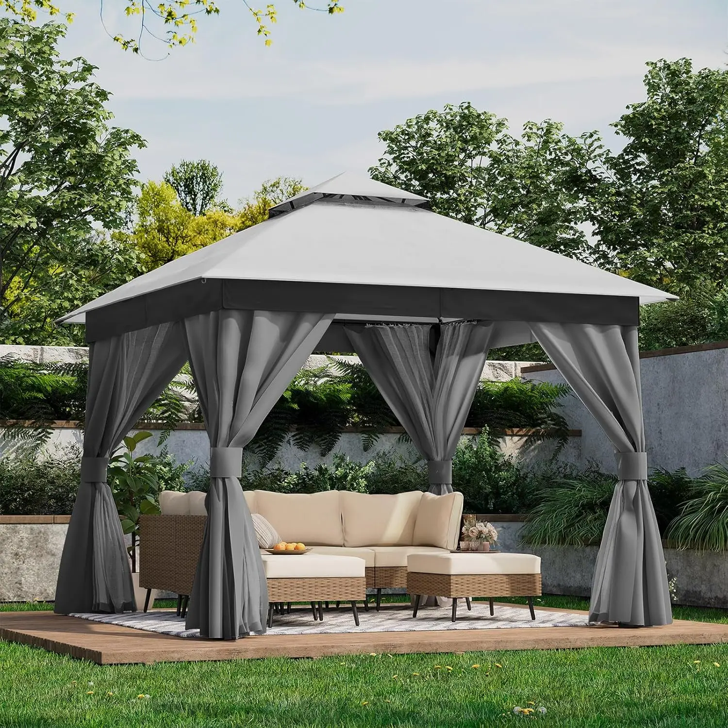 

Outdoor Patio Gazebo with Expansion Bolts Double Roof Soft top Gazebos Shelter Party Tent with Mosquito Nettings and Privacy Scr