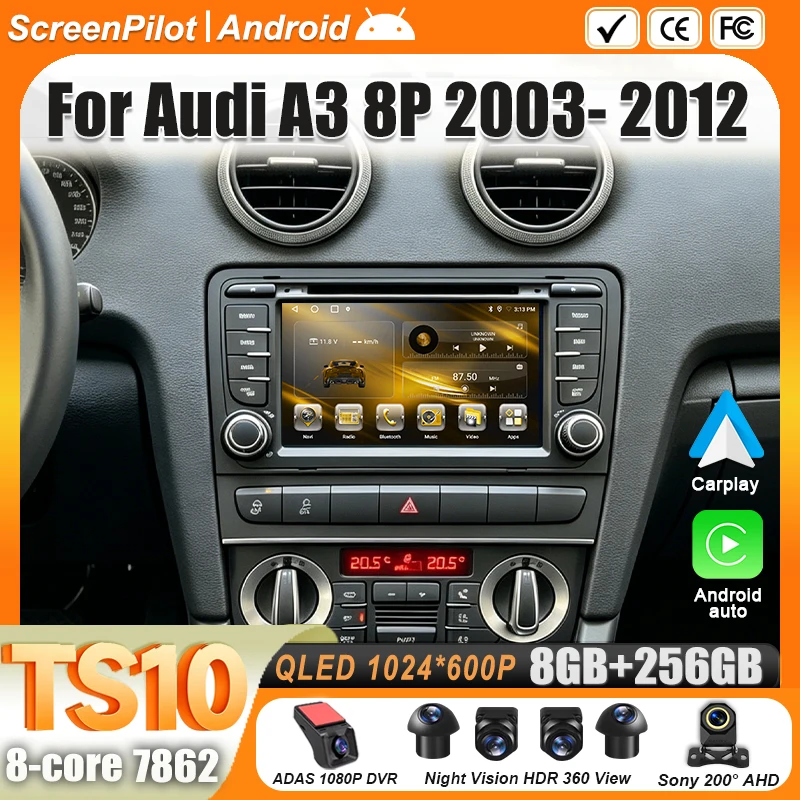 For Audi A3 8P 2003-2012 S3 RS3 Android 16 Car Radio Intelligent System GPS Navigation Carplay Touch Screen RDS  8 Core Wifi 5G