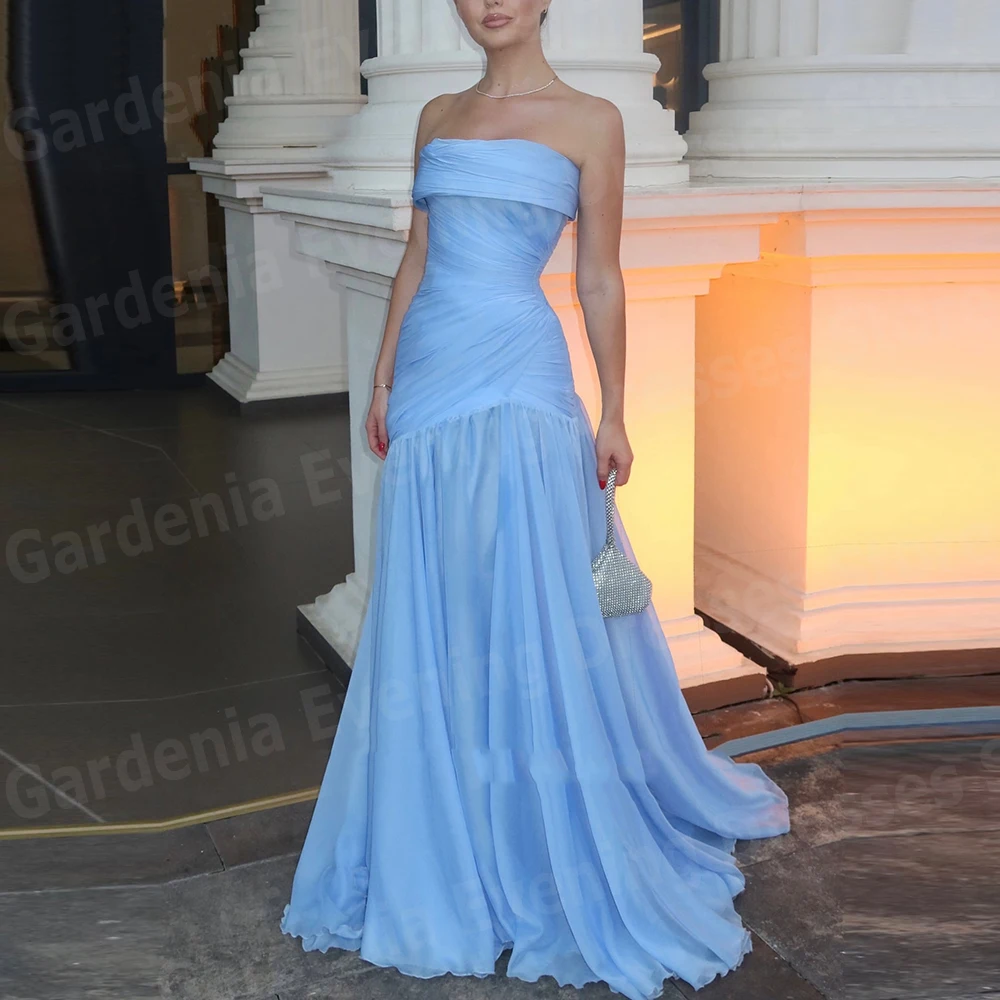 

Simple A Line Women's Evening Dresses Pleated Prom Gowns Strapless Customized Sleeveless Backless Vestido De Gala Noche Mujer