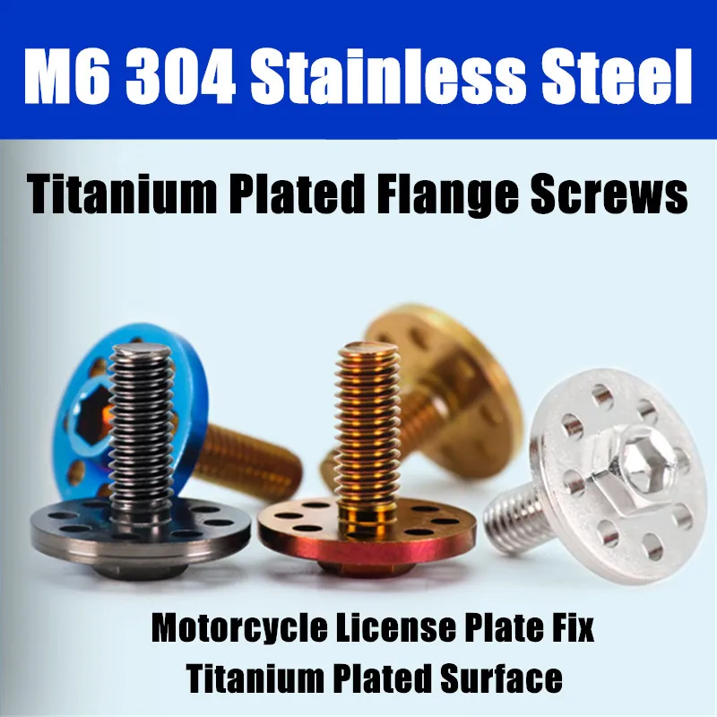4Pcs M6 304 Stainless Steel Hex Slot Flange Screws Titanium Plated Motorcycle Bike License Plate Fixing Fasteners DIY Bolts