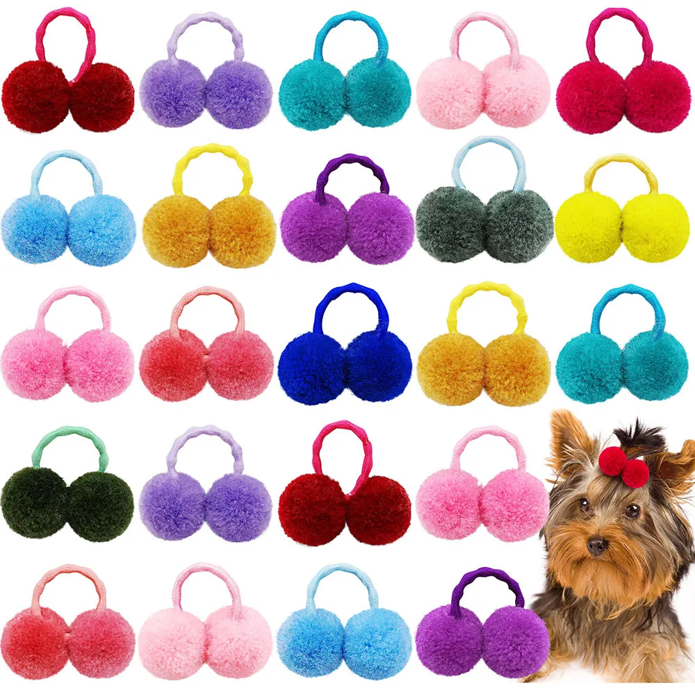 20pcs New Dog Double Plush Elastic Solid Hair Ball Pets Grooming Bows for Small Dogs Cat Bows Dog Hair Accessories Wholesale