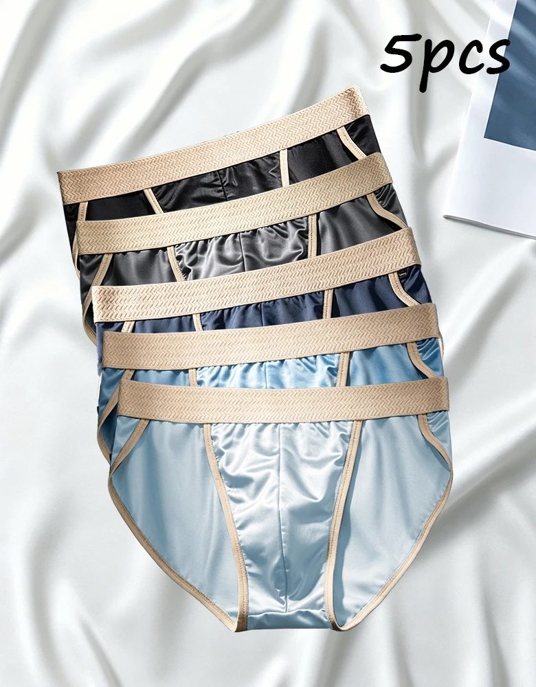 5PCS/Pack Luxury Satin-like Men's Briefs Ice Silk Hygroscopic Breathable Mesh Crotch Panties Soft High Elastic Man Underwear