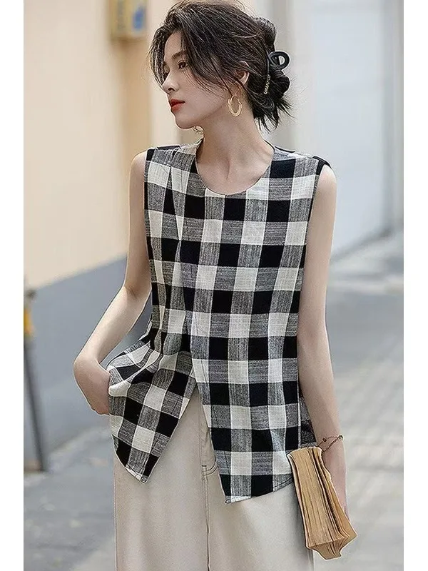 Csa Sem Mangas de Linho Retro com Estampa Xadrez para o Verão, Nova Chegada da Marca de Moda Fena, Ajuste Regular