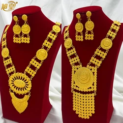 Bridal Indian Necklace Sets 24K Gold Plated Long Pendant For Women Nigeria African Dubai Wedding Earring Jewelry Set Party Gift