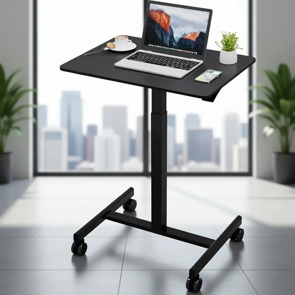 

Portable Lockable Wheel Stand-Up Desk, Adjustable Height Laptop Table, Compact Black