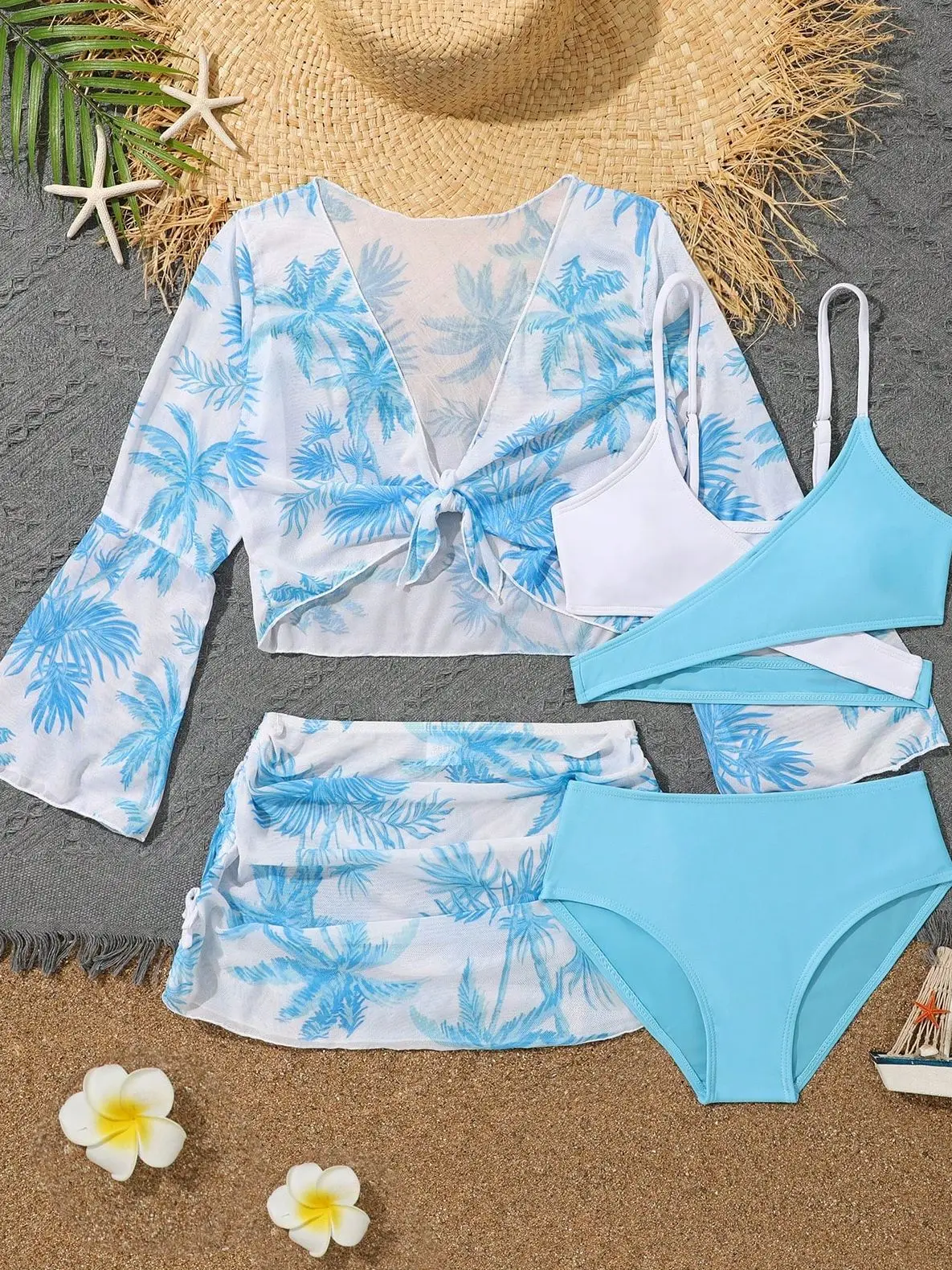 Girls 4pack Coconut Palm Print Bikini Sets with Beach Skirt&Long Sleeve Crop Top Kids Swimsuit 7-12 Years Children\'s Swimwear