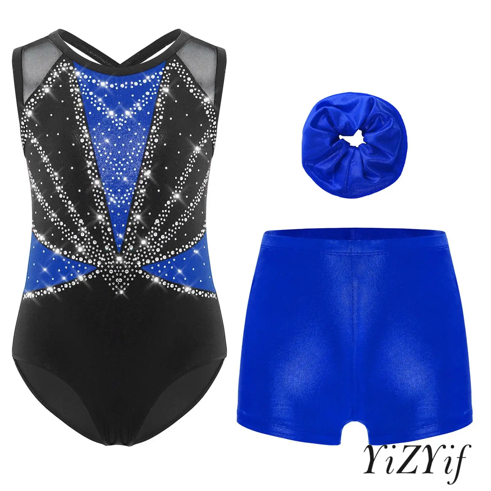 

‌Kids Girls Gymnastics Color-Block Performance Leotard Set Shiny Rhinestones with Shorts Hairband for Figure Skating Competition