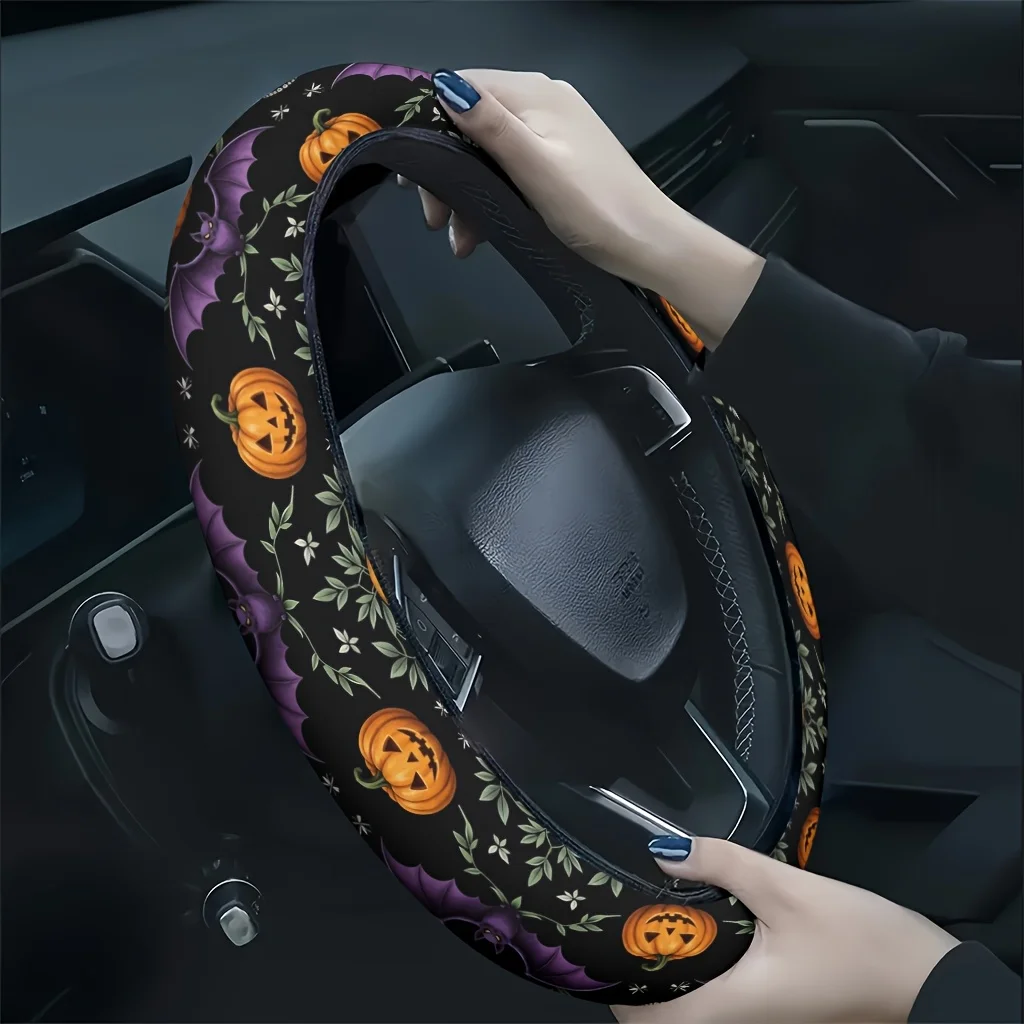 1pc Halloween Pumpkin Bat Vine Pattern Car Steering Wheel Cover, Soft And Breathable Touch, Reduces Hand Fatigue, All Seasons