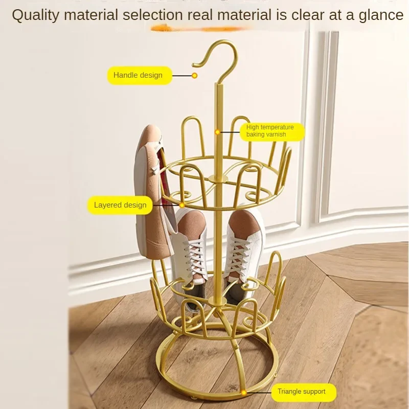 Household Shoe Organizer Multilayer Floorstanding Shoe Cabinet with Rotating Feature and Iron Hooks