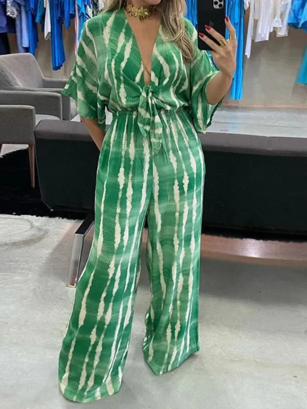 

Модный комбинезон с V-образным вырезом и принтом, широкие брюки, длинные штаны с поясом, повседневный женский костюм