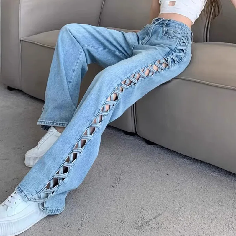 Women's Light Blue Lace-Up Cutout Wide Leg Jeans, High Waisted Straight Leg Denim Pants with Crisscross Side Detail
