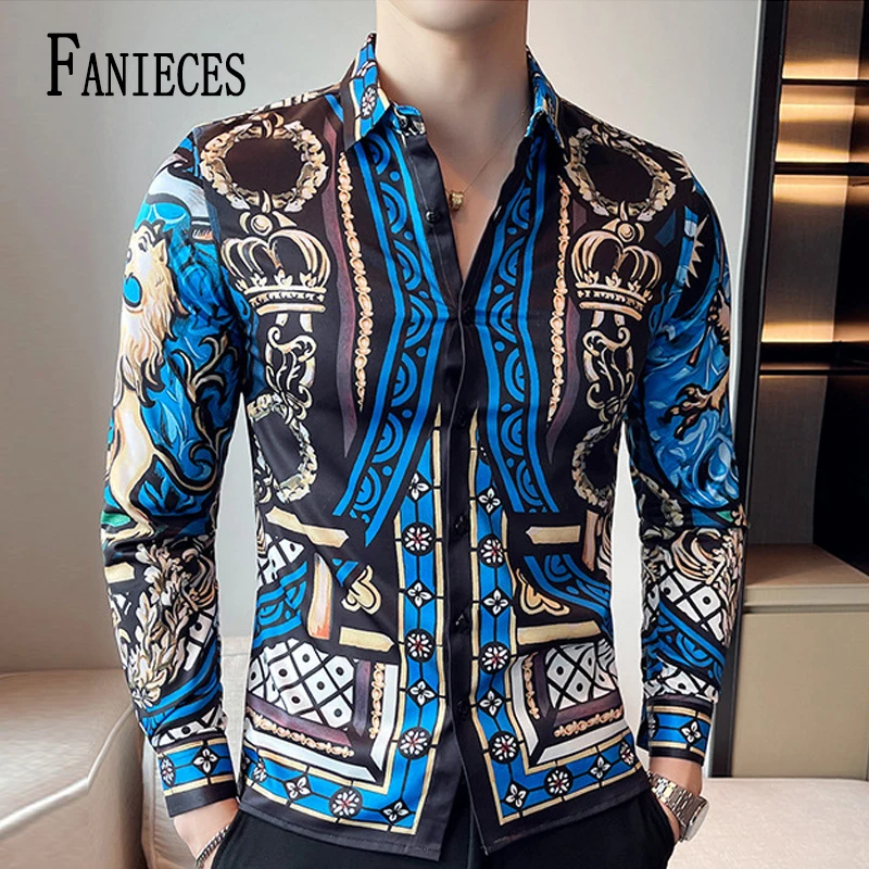 

Luxury Vintage Printed Men's Shirt Long Sleeve Slim Fit Casual Business Dress Shirt Social Party Tuxedo Blouse camisas de hombre