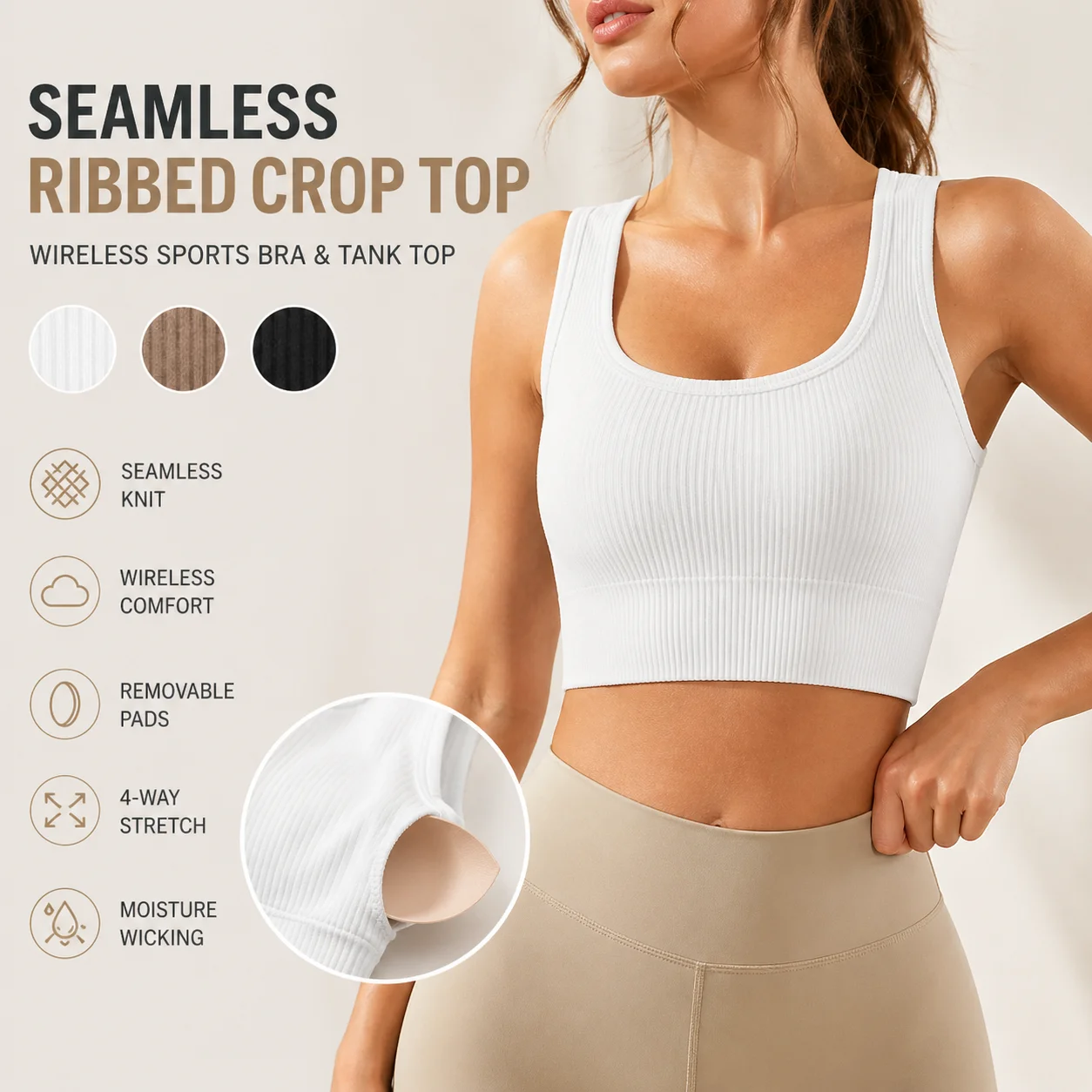 Women Seamless Ribbed Crop Top Wireless Sports Bra U Neck Yoga Fitness Tank Top Stretch Activewear