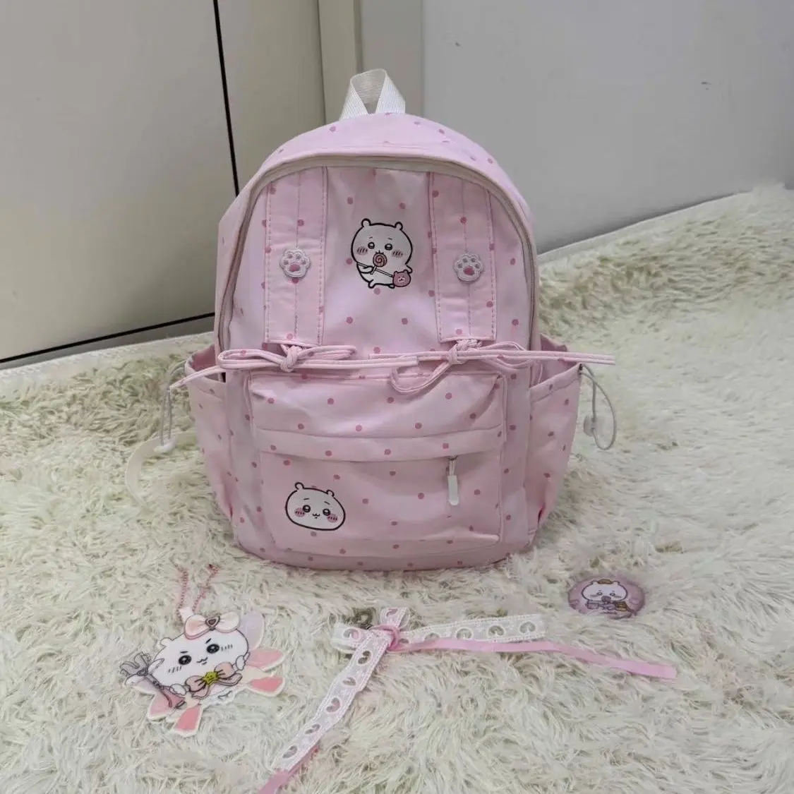 Chiikawa Pink Bowknot Wave Point Shoulders Backpack Large Capacity Schoolbag Portable Travel Bag Cute Birthday Gift for Friends