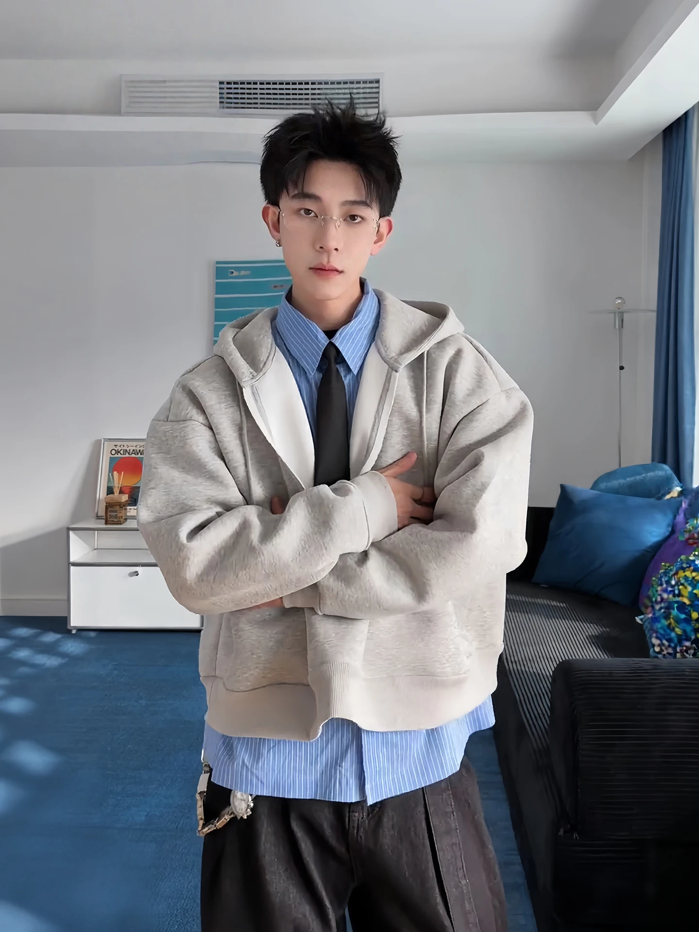 

Men's ey Hoodie Sweatirt V-Ne Plaid irt Patchwork Spring Autumn Casual Sle Comfortable Warmth Zipper Closure