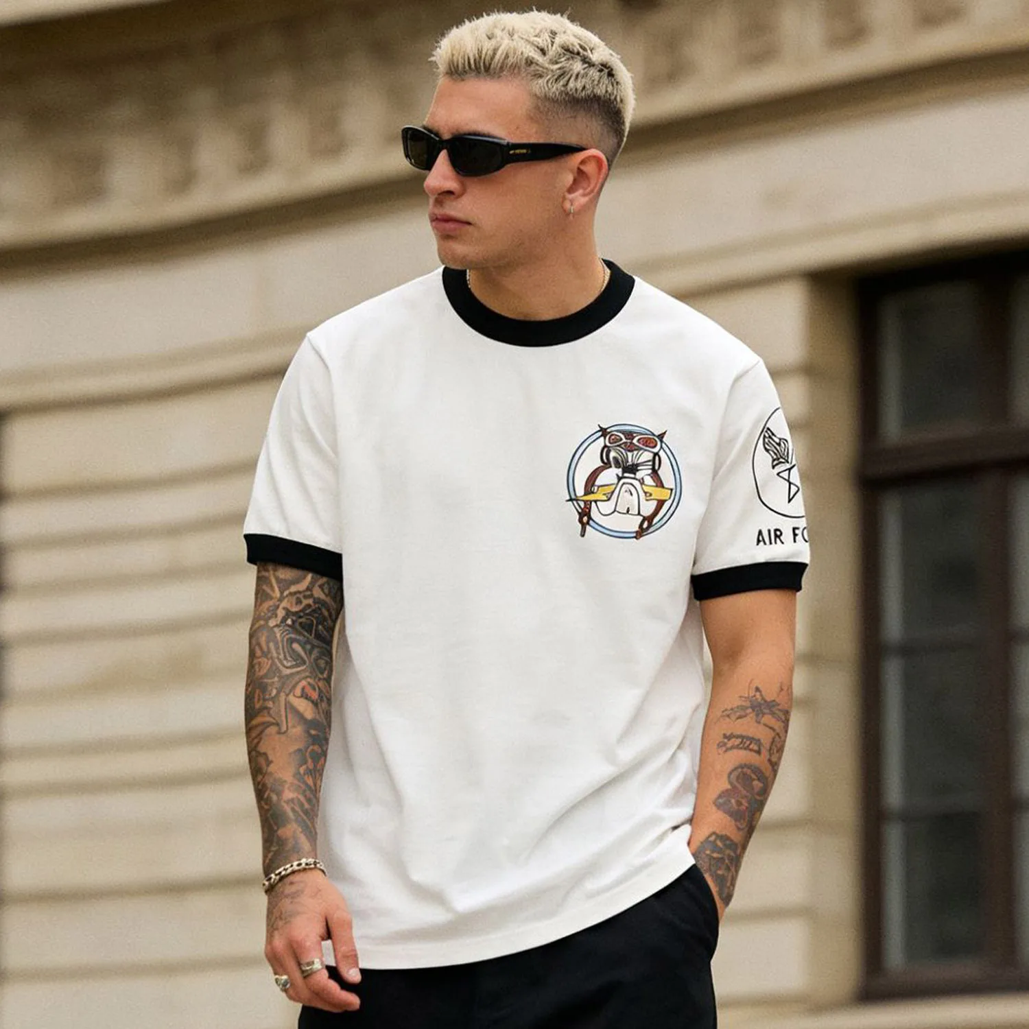 Men's 230g Amekaji Military Air Force Color Block Ribbed Short Sleeve Tee Vintage Crew Neck Casual