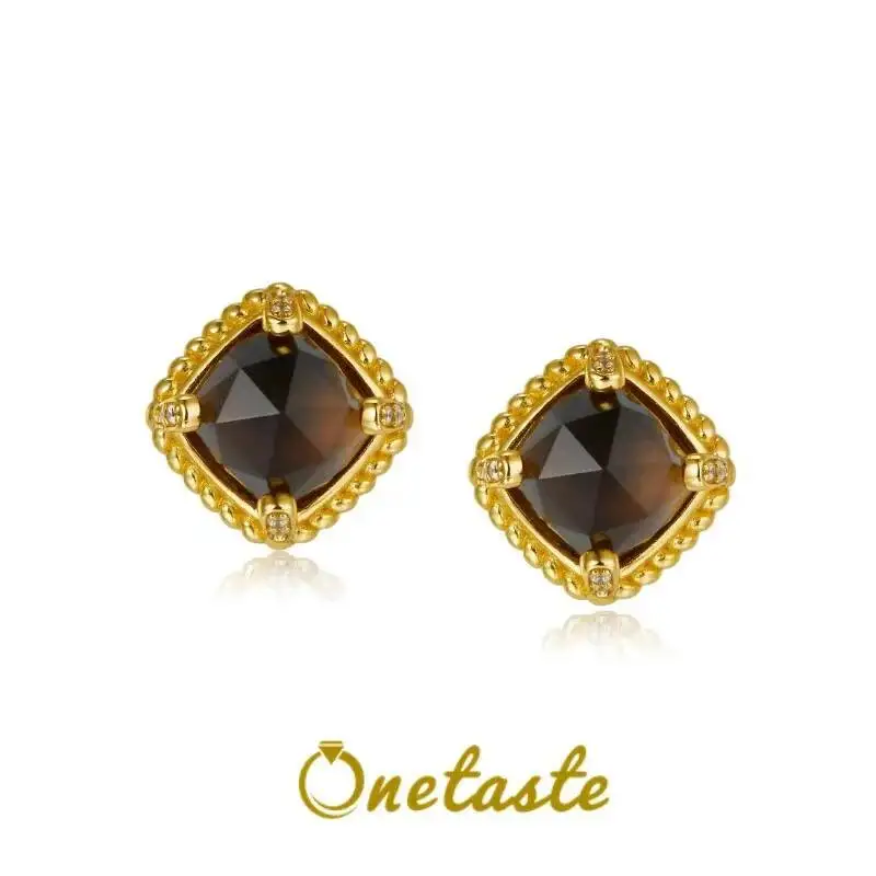 

Natural Smoky Quartz S925 Silver Gold Plated Square Stud Earrings For Women Clearance Limited Stock First Come First Get