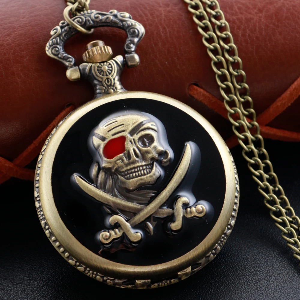 Reloj de bolsillo de cuarzo en relieve para niños y hombres, pulsera de mano con diseño de calavera de pirata en 3D, cadena de regalo con colgante Vintage