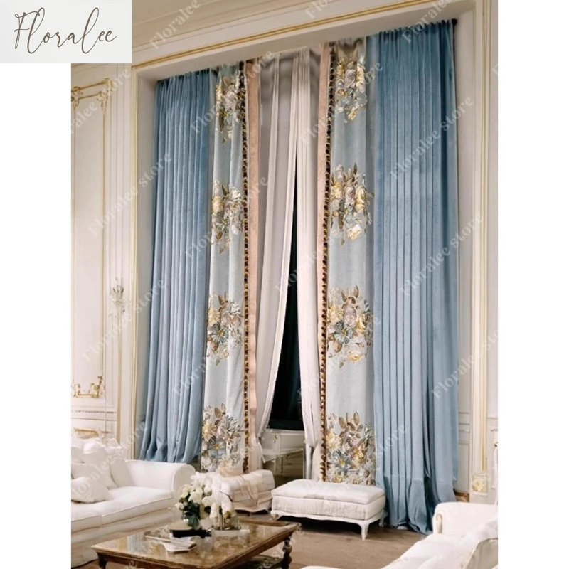 

High-end European Luxury Curtains for Living Room Large Bedroom Blackout Curtain Embroidered Velvet Blue French Villa Custom