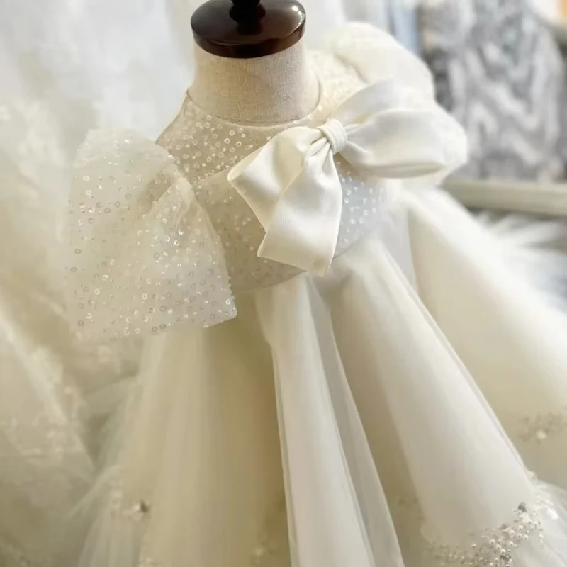 2025 vestido tutú blanco brillante de gama alta, traje de fiesta de boda para niña con flores de cumpleaños, vestido de princesa de estilo coreano para niñas