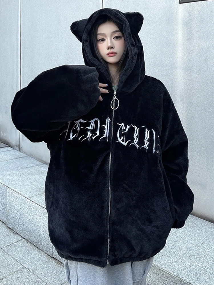 SONNEESD Streetwear Y2K Zipper Full Sleeve Hooded Coat Plush Turtleneck Vintage Harajuku Embroidery Fashion Jacket Cotton Coat