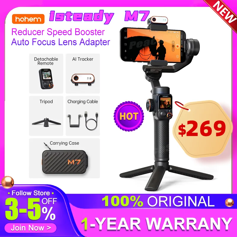 Hohem isteady М7/M7 Pro Ai Face Tracking Stabilizer 3-Axis Phone Gimbal Selfie Stick for iPhone16 for Samsung Gimbal PK M6 Kit