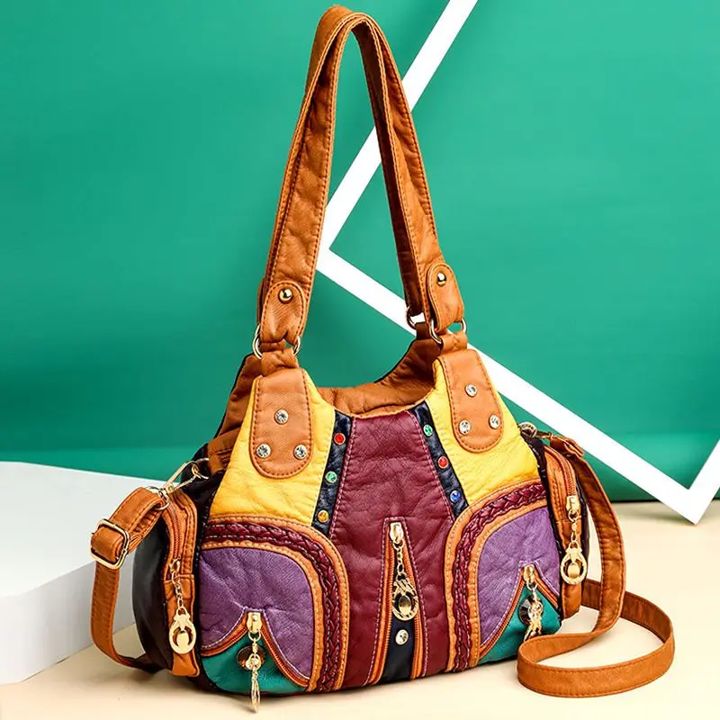 

JIAERDI Harajuku Rivet Chain Tote Bag Women Color Block Soft Leather Large Capacity Handbag Ladies Vintage Casual Crossbody Bags