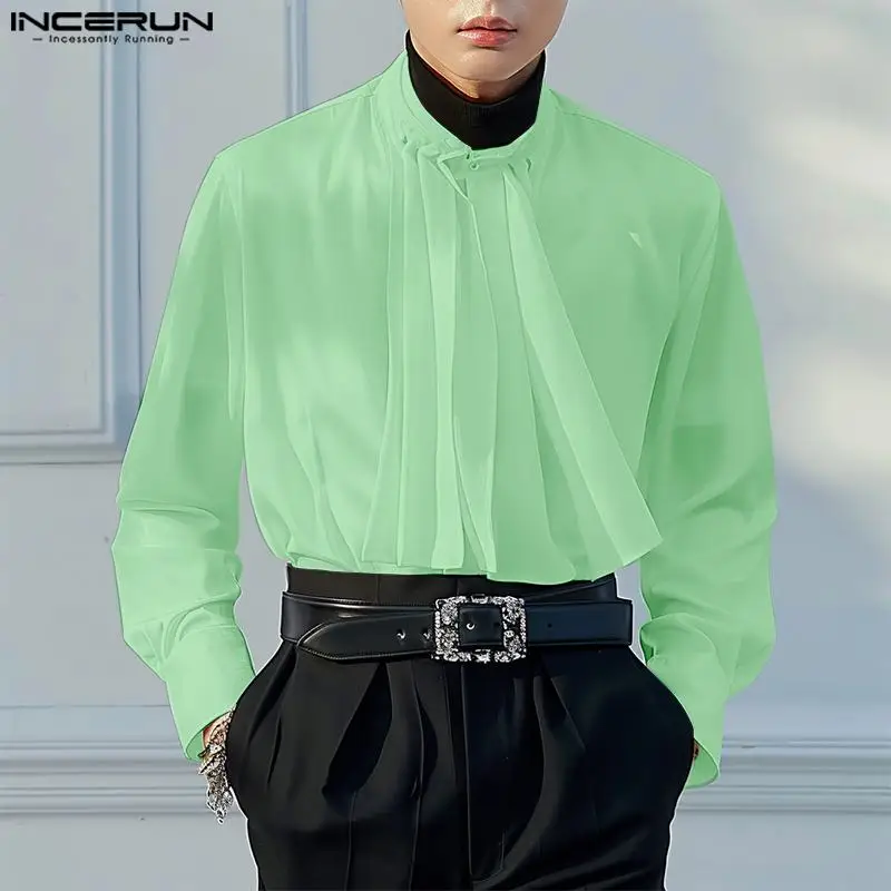 INCERUN Tops 2024 Korean Style Fashion Men's Personality Ribbon Pleated Shirts Casual Streetwear Male Solid Long Sleeved Blouse