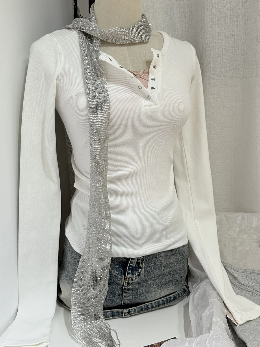 

Simple Solid Ribbed Long Sleeve Tees Women Autumn New Cotton O-neck Button Raw Hem Tops Vintage Sweet Basic T-shirts Clothes