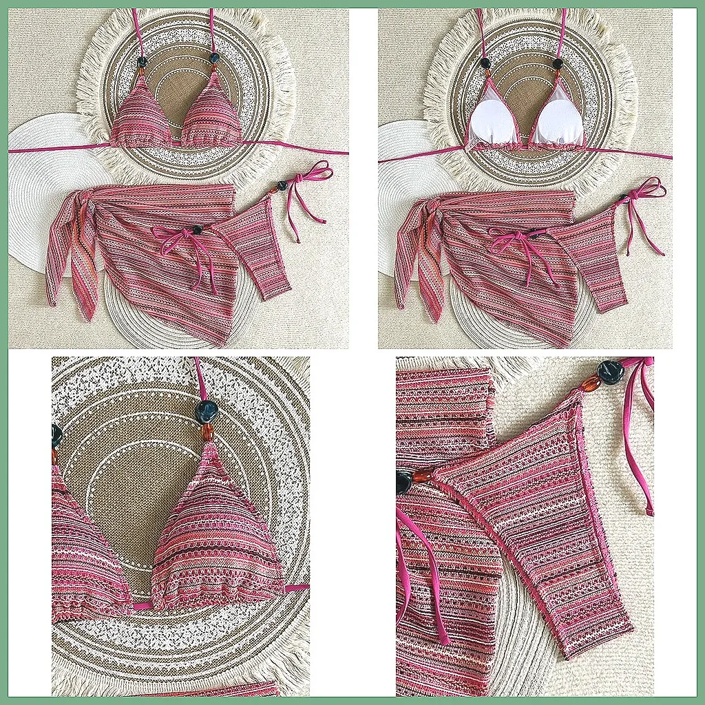 

3Pcs Brazilian Bikini Set for Women, Sexy Swimwear High-Waisted Bottom & Top for Beach Pool Party (Characters: 78)