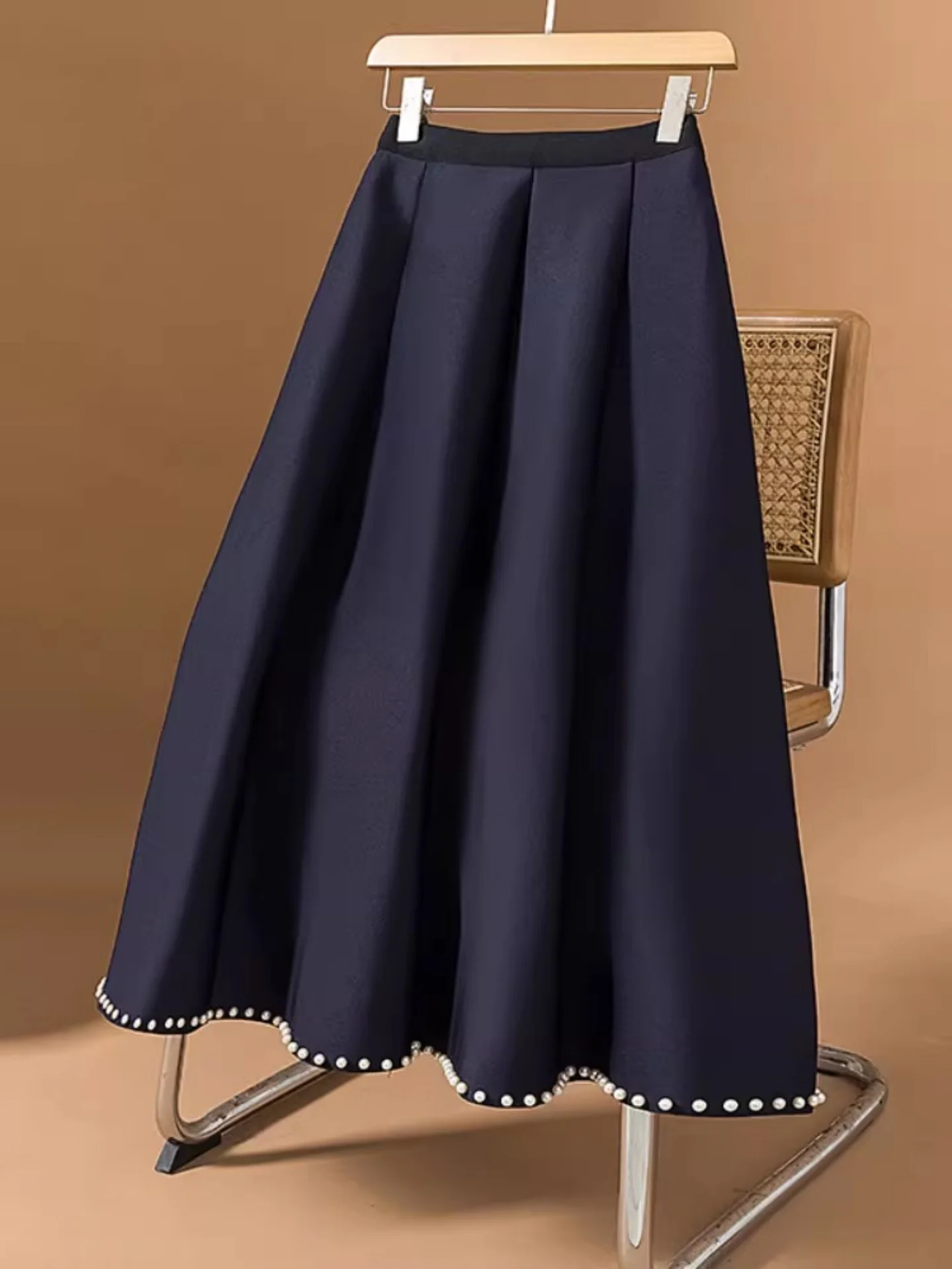 

Ele Embellied Hemline Midi Suit Skirt k Blue Women's plus Size High Waist A-Line Skirt Korean Sle Commute Wear