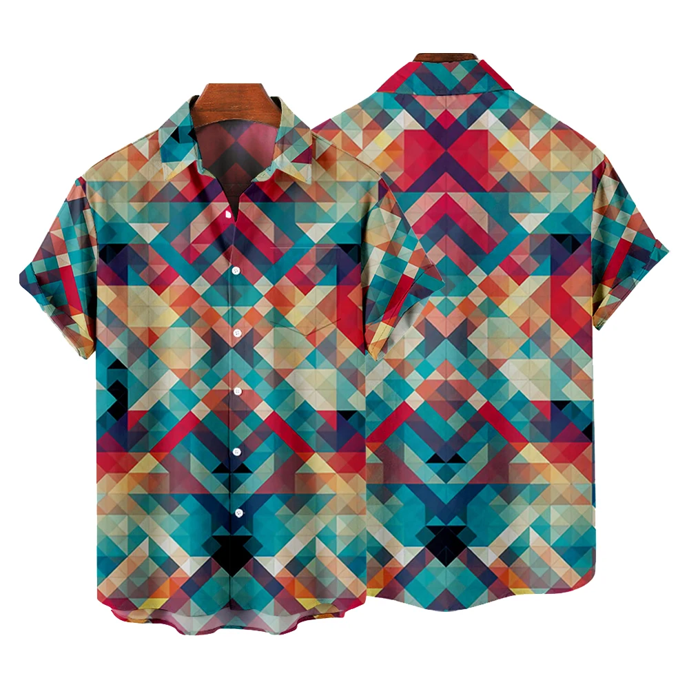 Camisa masculina de botão de manga curta, tops gráficos multicoloridos, listrado simples, impresso digital, blusa feminina, roupas 3D