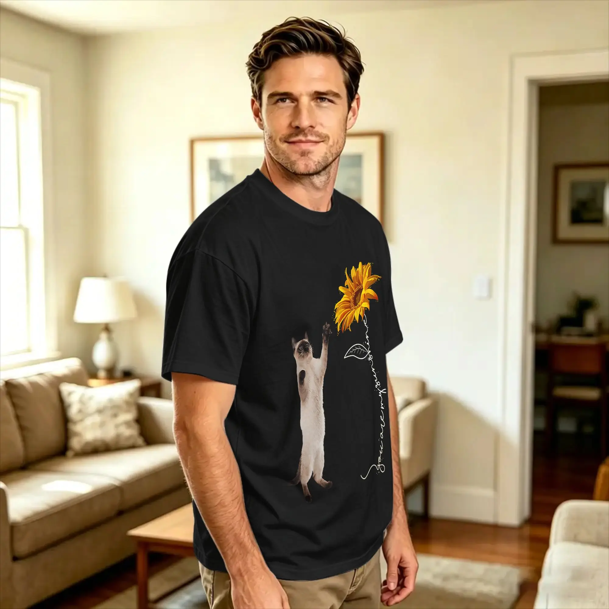 Vintage T Shirt Summer Siamese Cat Reaching the Sunflower Fashion T Shirts  Pure Cotton Tshirt for Men Y2K Short Sleeve Top Tees