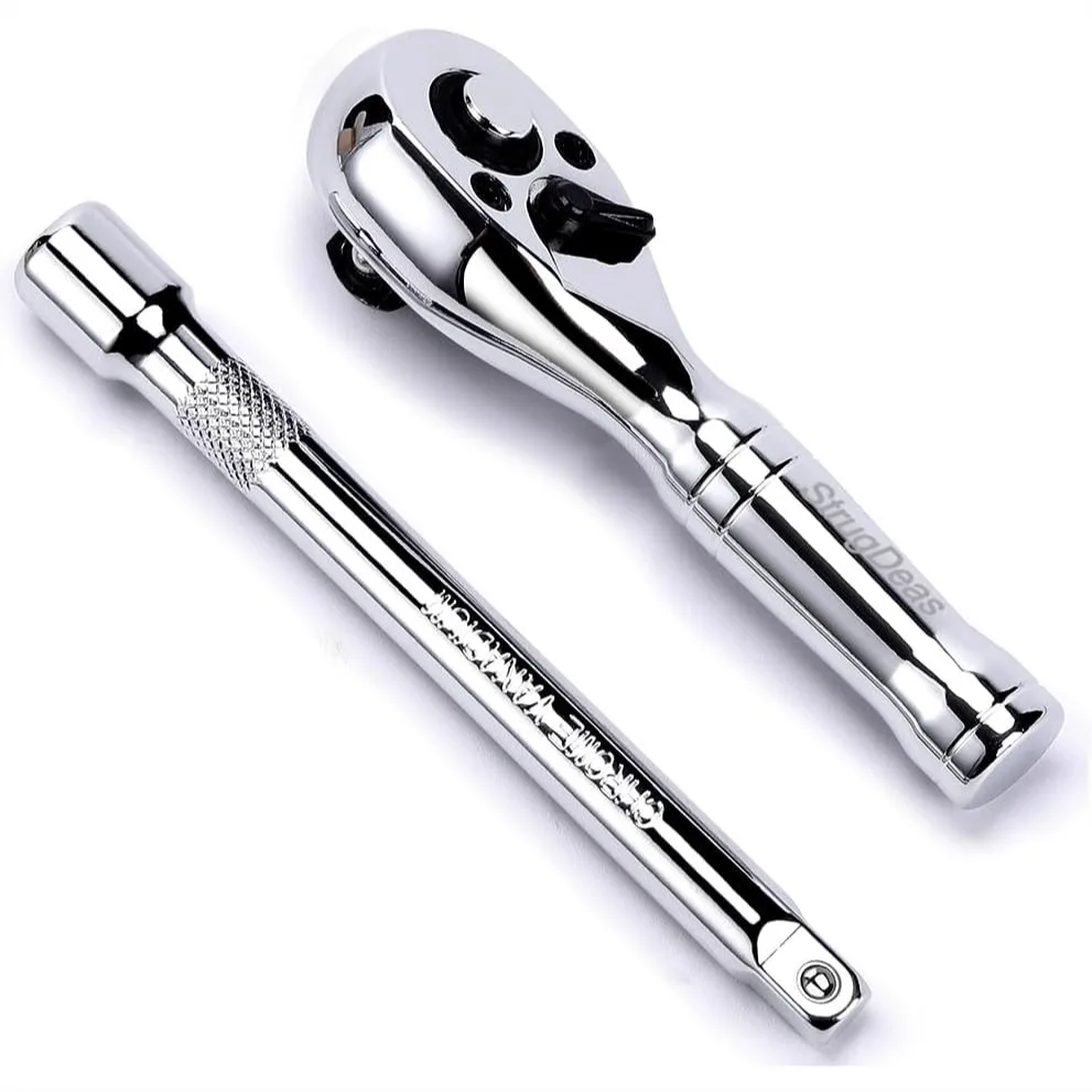 

3/8-Inch Drive Ratchet Wrench with 72-Tooth Stubby Quick-Release, Extension Bar, Reversible Switch - Durable Chrome Alloy Tool