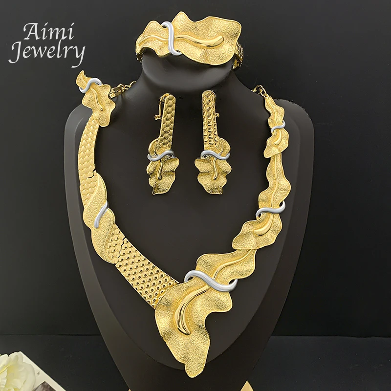 

Exaggerated Leaf Pattern Dubai 18K Gold Plated Jewelry Set for Women Necklace Earring Bracelet Ring Bridal Wedding Party Gifts