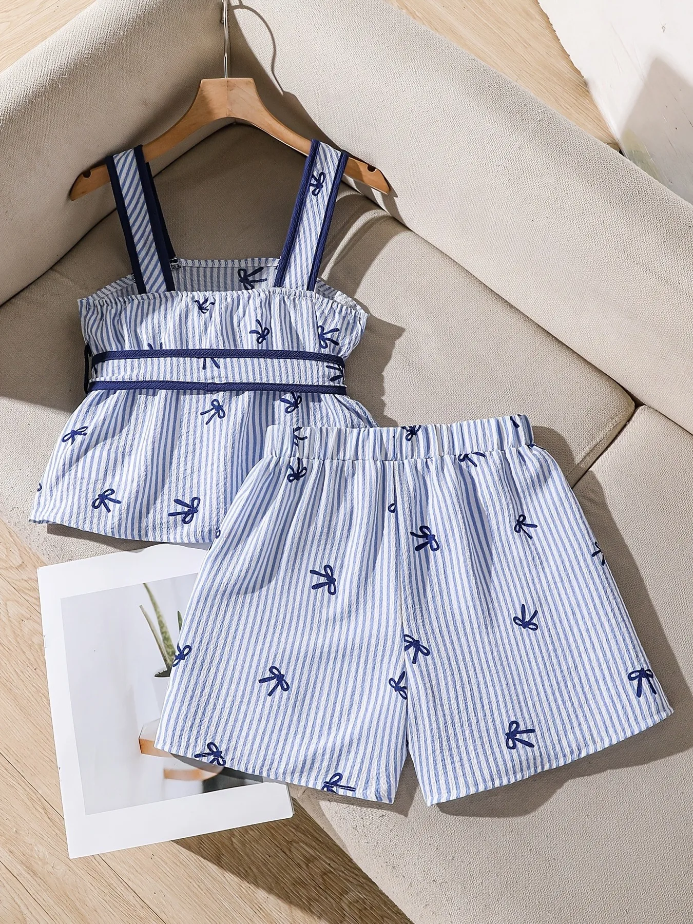 Girls 2-Piece Summer Outfit Set, Stripe Bow Embroidery Tie Back Strap Camisole Top & Elastic Waist Matching Casual Shorts