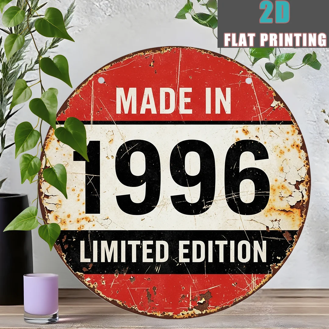 2D Flat, 1pc Vintage 1996 Limited Edition Metal Sign - 8x8 Inch Rustic Aluminum Wall Plaque with Red & White Striped Background,